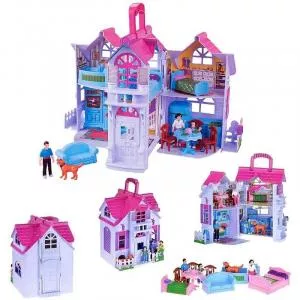 Procart Casuta de papusi, pliabila, familie de papusi, 6 camere, mobilier si accesorii