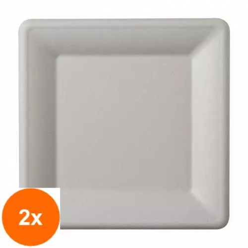Biodeck Set 2 x Farfurii Biodegradabile, Compostabile, Patrate, Albe, 20 cm, 50 buc