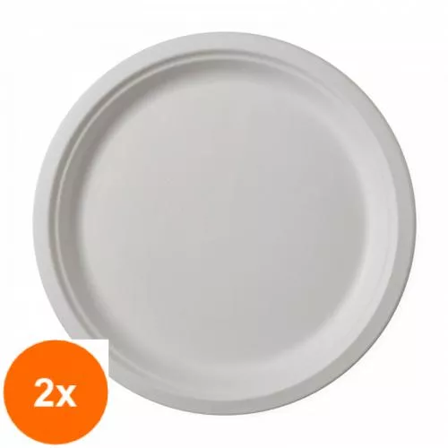 Biodeck Set 2 x Farfurii Biodegradabile, Compostabile, Rotunde, Albe, 22 cm, 50 buc