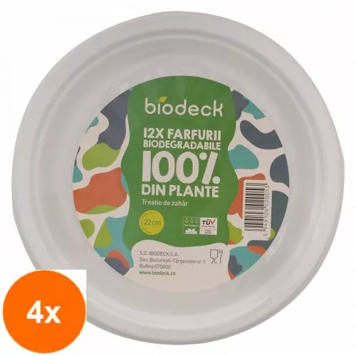 Biodeck Set 4 x Farfurii Biodegradabile, Compostabile, Rotunde, Albe, 22 cm, 12 buc