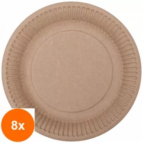 Biodeck Set 8 x Farfurii Biodegradabile, Compostabile de Carton, Rotunde, Kraft, 18 cm, 12 buc