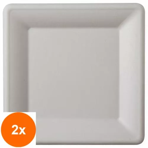 Biodeck Set 2 x 50 Farfurii Biodegradabile, Compostabile, Patrate, Albe, 25 cm