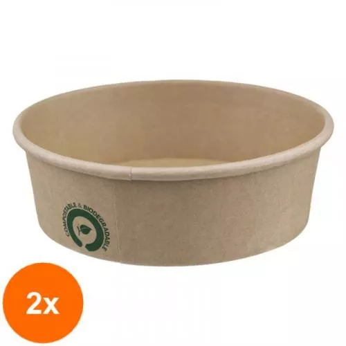 Biodeck Set 2 x Boluri Biodegradabile, Compostabile Carton PLA, Kraft, Diametru 97 mm, 480 ml, 50 buc