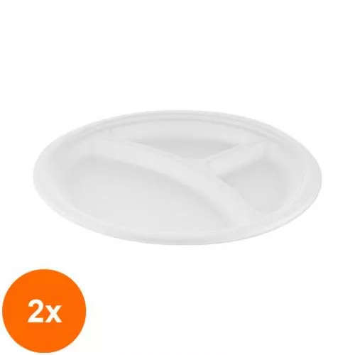 Biodeck Set 2 x 125 Farfurii Trestie, Biodegradabile, Compostabile, 3 compartimente Rotunde, Albe, 26 cm