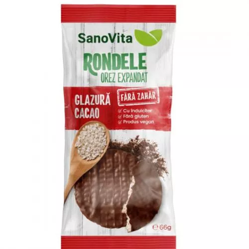 Sanovita Rondele din orez cu glazura de cacao fara zahar, 66 g